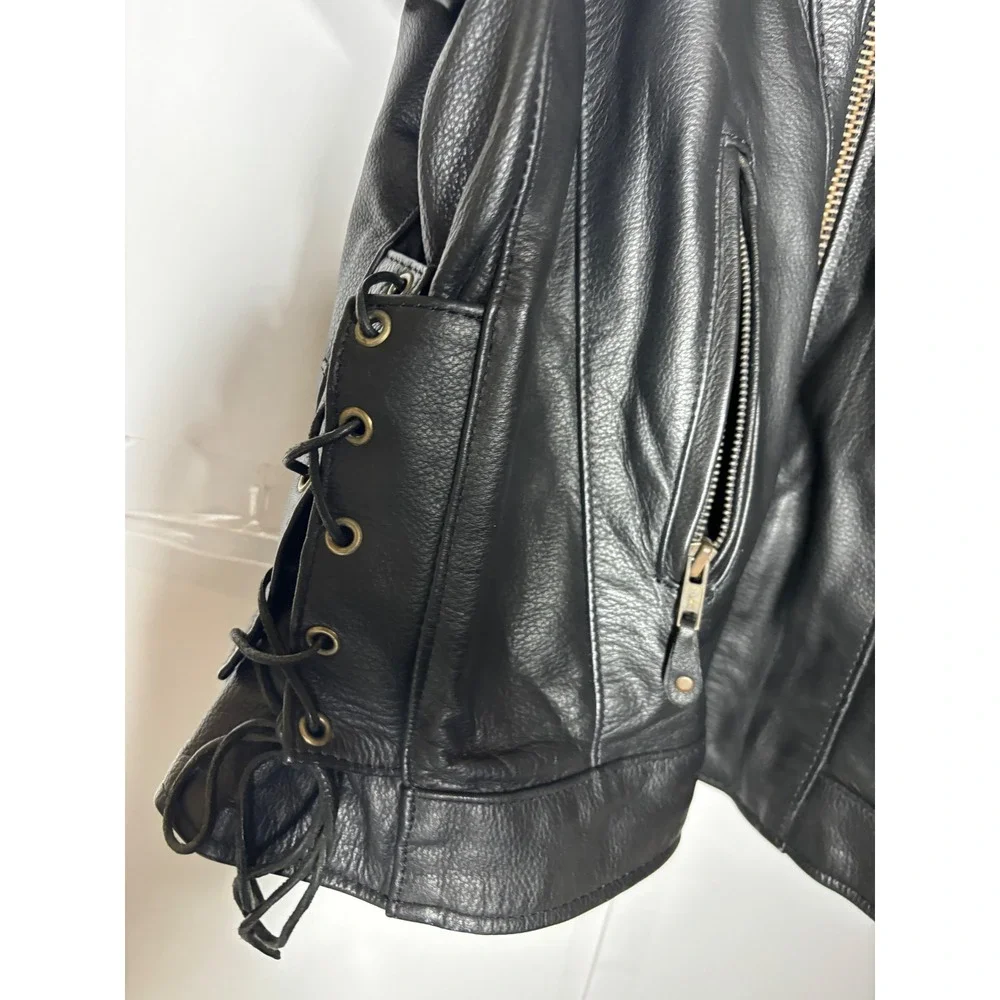 Mens‎ Black Genuine Leather Motorcycle Jacket Side Lace Up Biker Size 52 YKK Zip